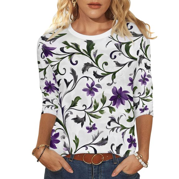Cilsoka Summer Blouses for Women 2026, Womens 3/4 Length Sleeve Tops Casual Floral Print Summer Tops for Women Loose Fit Three Quarter Length Sleeve Blouse, Graphic Trendy Tees