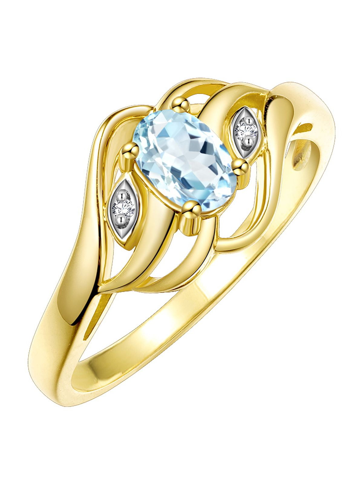 RYLOS Rings for Women 14K Gold Plated Silver Ring Classic Style Birthstone Ring 6X4MM Gemstone &  Diamonds Aquamarine Jewelry for Women Size 9