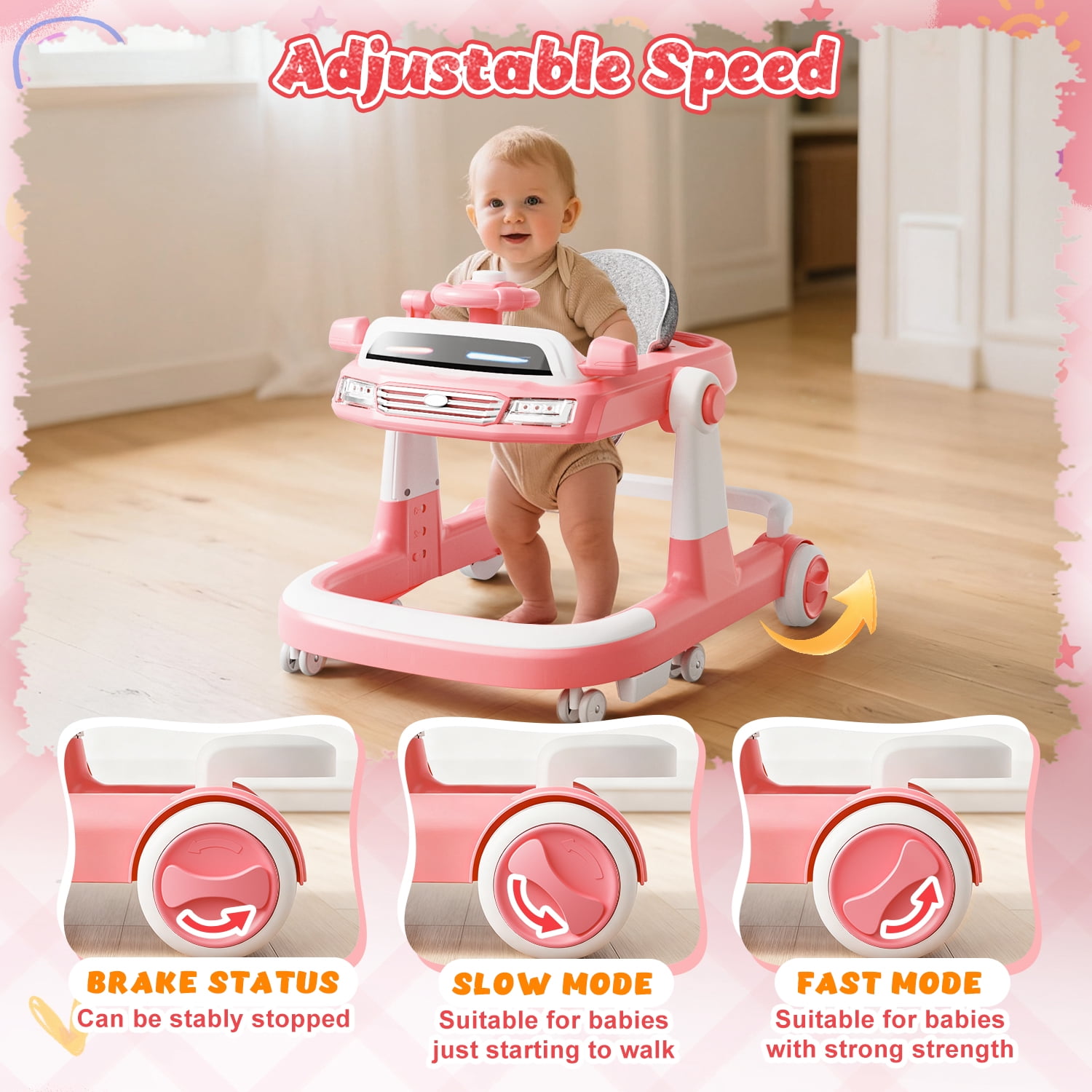 WonderStone 6 in 1 Baby Walker, Height-Adjustable Push Walker with Music & Light Toys, Baby Bouncer & Activity Center for Boys and Girls 6-18 Months (Pink)