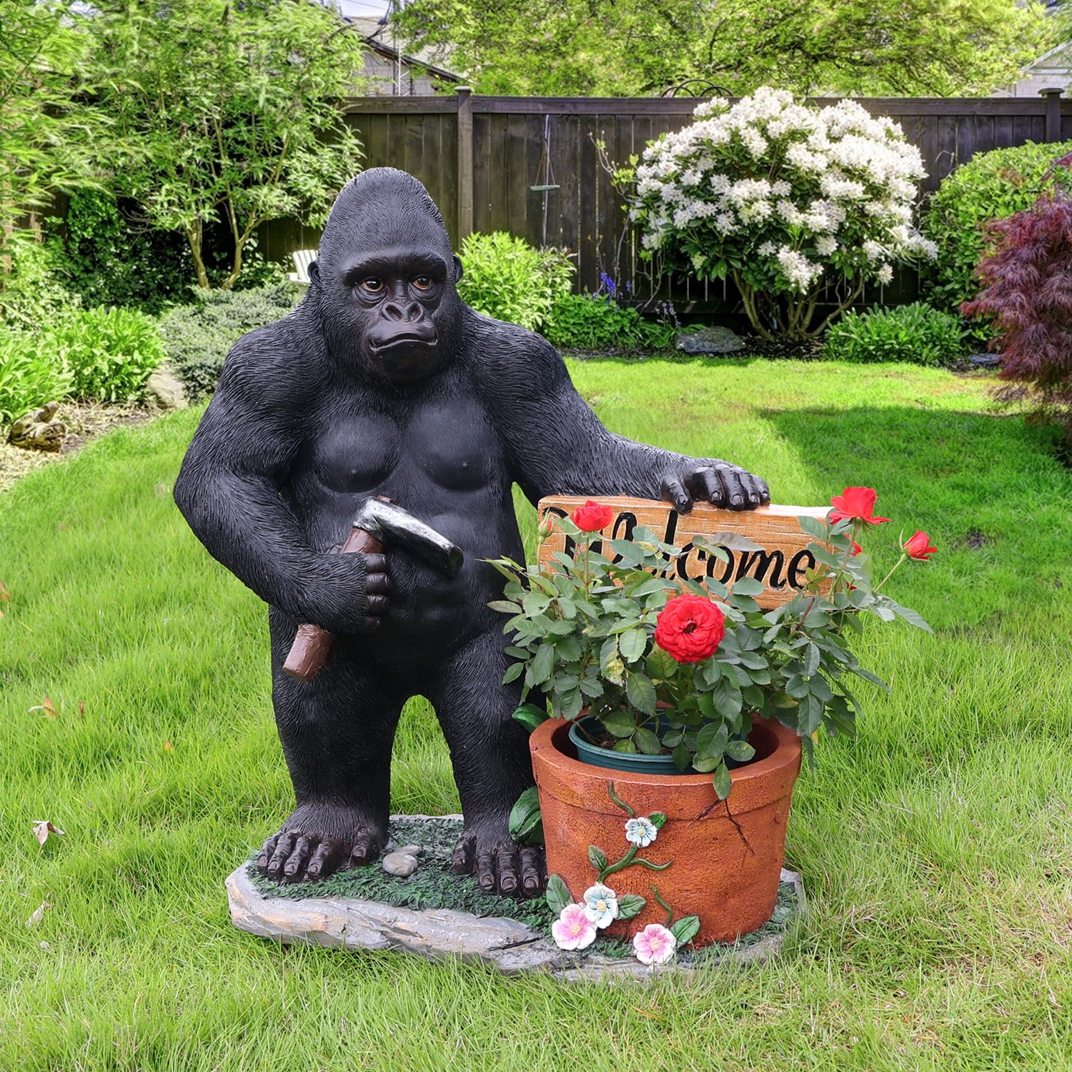 Outdoor Garden Chimpanzee Flower Pot Planter with Welcome Sign, Unique Yard Statue for Patio, Lawn, Garden, Wildlife Themed Decor, Black