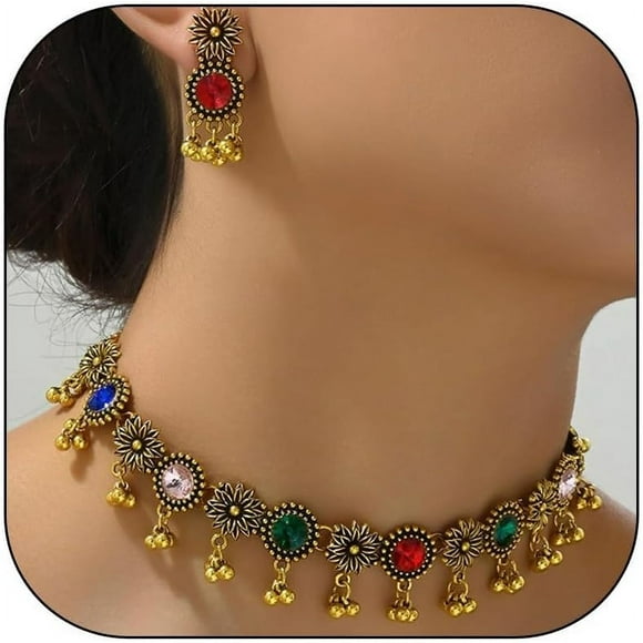 TRAHOO-Indian Jewelry Sets for Women Gold/Silver Jhumkas Indian Earrings Necklace Set Bollywood Oxidized Indian Jewelry Traditional Vintage Ethnic Accessories Indian Dresses Costume Outfit