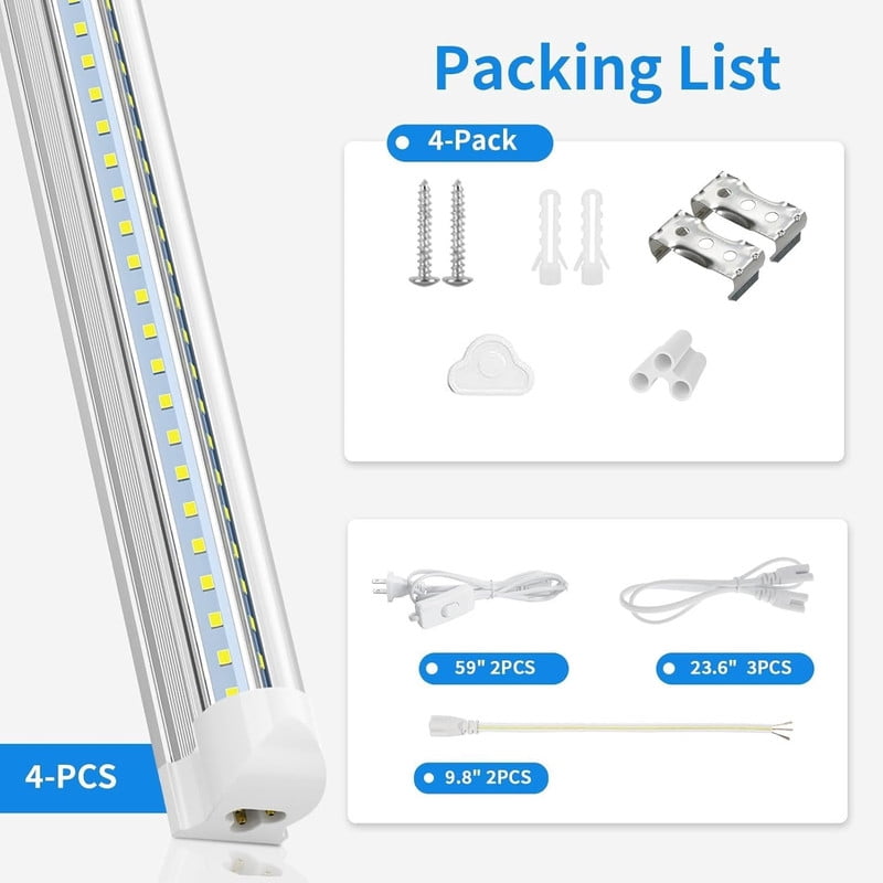 JESLED V-Shaped T8 LED Shop Lights, 2FT 20W 2600LM, Linkable Fixtures, 6000K Cool White, ETL Listed, 4-Pack