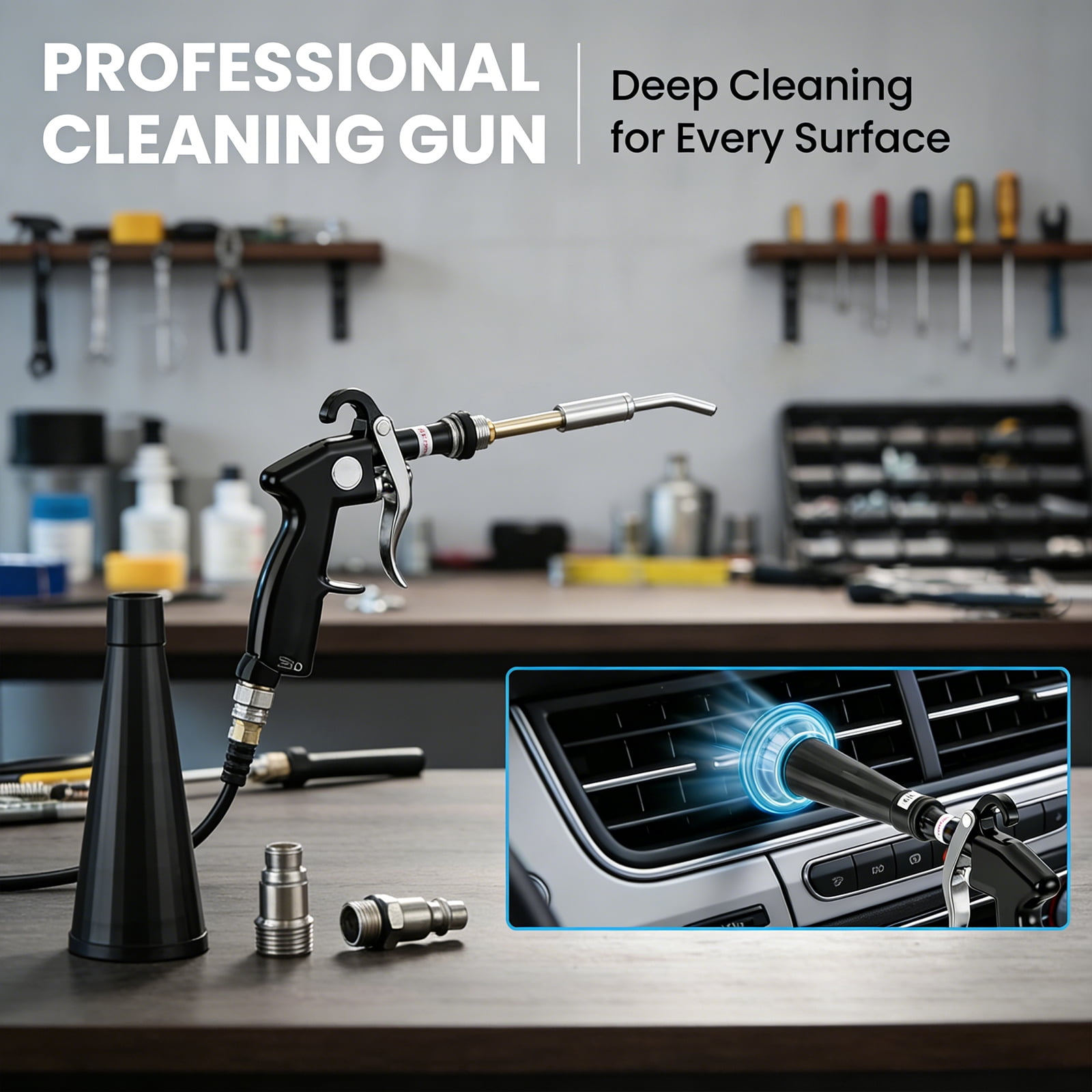 Dry Cleaning Gun, Air Powered Car Interior Cleaning Tool, Vortex Airflow Air Compressor Gun for Auto Detailing Seats Carpets Vents