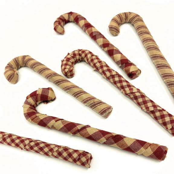 Primitive Red Plaid Homespun Fabric Wrapped Candy Cane Christmas Ornaments - Set of 6 by Marilee Home