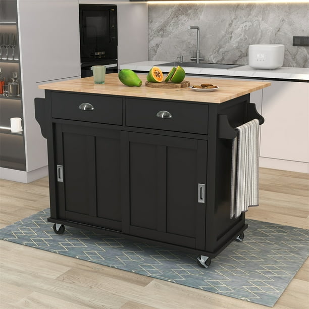 Kitchen Cart with Rubber Wood DropLeaf Countertop,Kitchen Island on 4