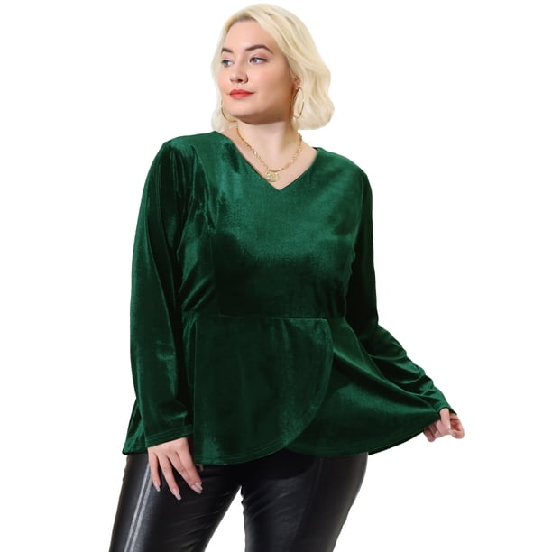 Women's Plus Size V Neck Tulip Hem Long Sleeve Peplum Velvet Tops Dark Green 2X