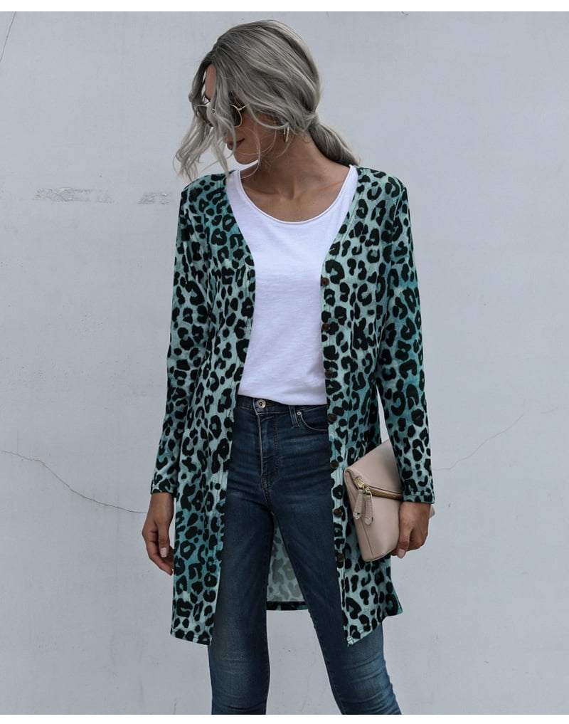 Women's Leopard Printed Cardigans Shirt Lightweight Button Down Cardigan Coat with Pockets