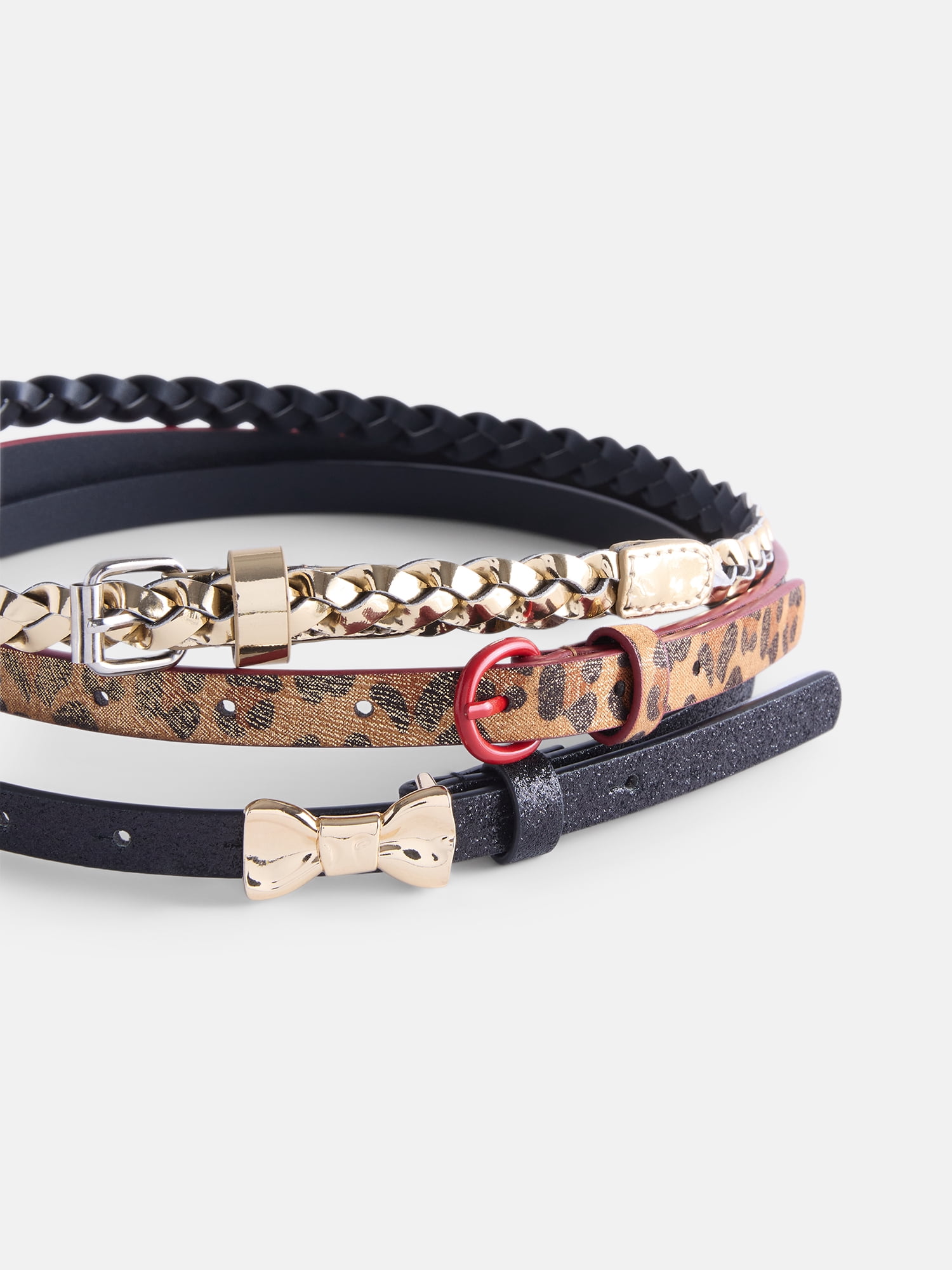 Wonder Nation Girl Gold-tone Braided, Leopard Print and Bow Belts, 3-Pack, Sizes XS-XXL