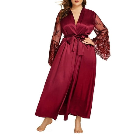 

ORQ Women Plus Size Lace Long Sleeve Splice Homewear Pajama Bowknot Sexy Nightgown