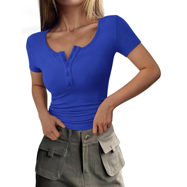 Remera PRETTYGARDEN 2025 Slim Fit Henley Acanalada Azul L