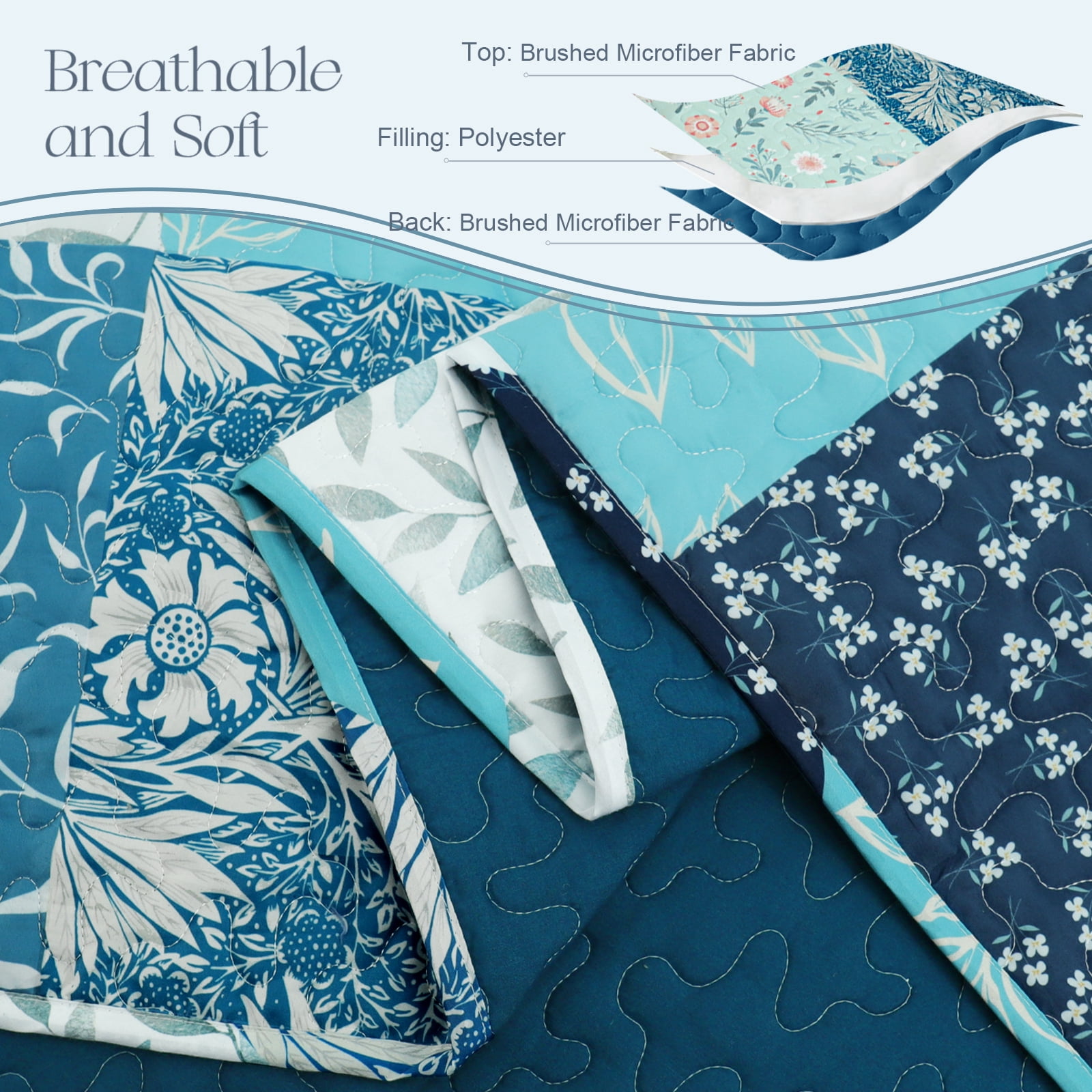 Exclusivo Mezcla Reversible Boho Quilt Set King Size, 3 Pieces Patchwork Navy Blue All Season Bedspreads, Ultra Soft Floral Coverlet Bedding Set with Printed Pattern (1 Quilt, 2 Pillow Shams)