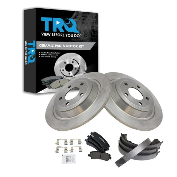 TRQ Rear Brake Pad & Rotor Kit Brake Pads Brake Rotor Parking Brake Shoe Set Ceramic Fits Select 2016-2018 Ford Mustang