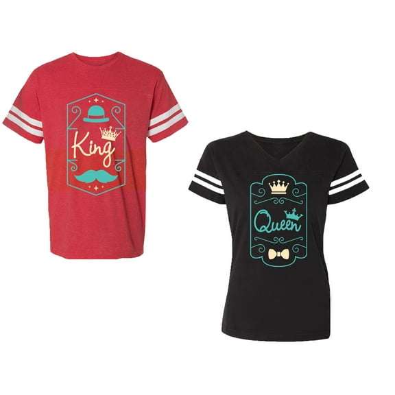 King Queen Pentagon Emerald Gold Unisex Couple Matching Cotton Jersey style T-Shirt Contrasting stripes on sleeves (Men Red / Women Black) (Men S / Women S)