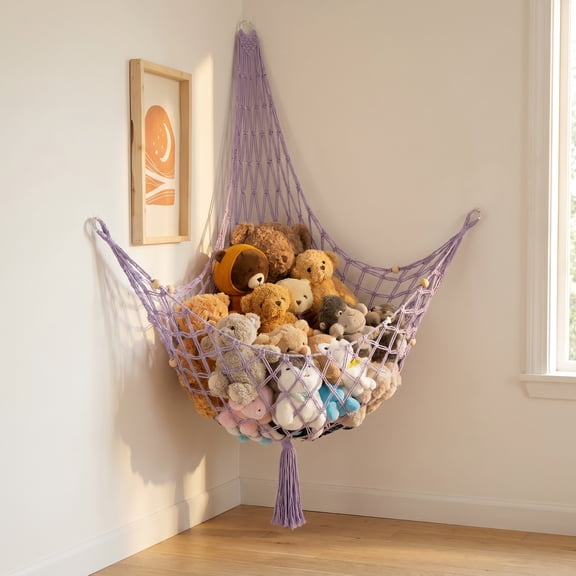 Stuffed Animal Storage Organizers Corner Hanging Ne 60" L Stuffy Animal Hammock Macrame Toy Display Plush Toy Holder Wall, Kid Bedroom Decor Boho Nursery Playroom Organizer 60" L