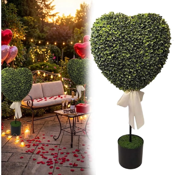 QenASHaing Valentine Boxwood Heart Shaped Topiary Tree, Valentine's Day Decorative Plants with Bow Tie, 2.5 Ft Faux Plant for Indoor & Home Decor