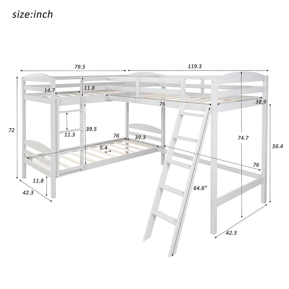 Twin Bunk Beds L-Shaped Bunk Bed and Loft Bed with Ladder and Guard for Teens Bedroom, White