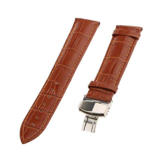 facefd Leather Watch Band Butterfly Deployment Clasp Buckle Brown 22mm