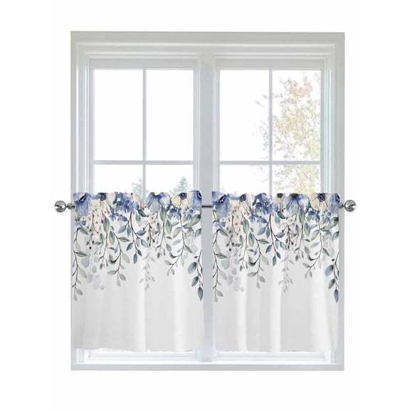 Half Window Curtain 36 Inches Long, Blue Eucalyptus Window Treatment Curtain Drapes, Farmhouse Flowers Leaf White Watercolor Small Tier Curtains for Bathroom Over Sink, 27.5"x36", 2 Panels