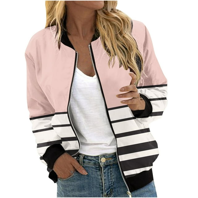 vdgthytj Fall Jackets for Women Long Sleeve Zip up Stand Collar Bomber Jacket Fall Trendy Color Block Striped Coat