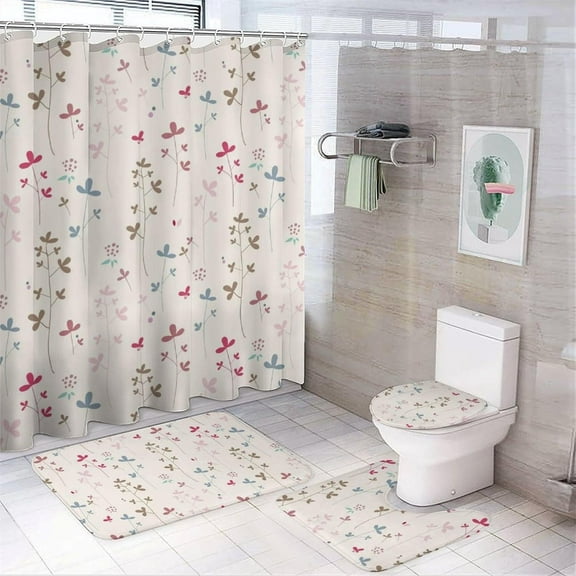 Bathroom Shower Curtain 4 Piece Sets, Abstract Flower Butterfly with 72" X 72" Waterproof Shower Curtain Non-Slip Rug Toilet Lid Cover Bath Mat and 12 Hooks for Bathroom Decor Set