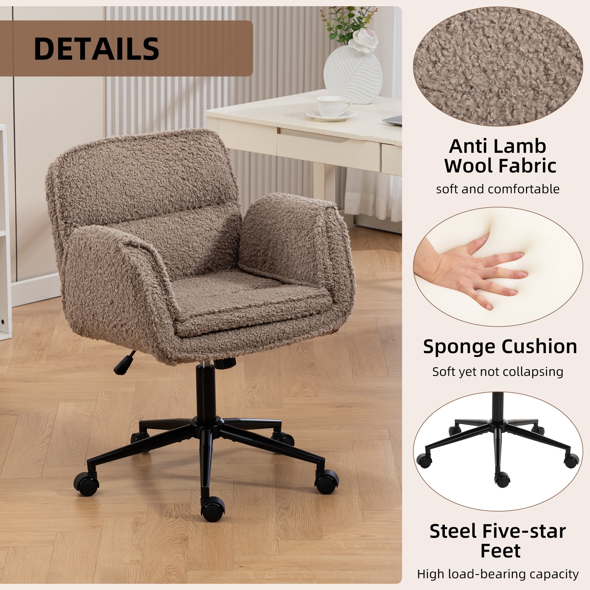 Desk Chair, Office Chair, Ergonomic Chair with Brown Teddy Fleece Adjustable 5 Position Armrests 360 Degree Swivel Wheels Thickened Backrest for Home Office, Brown Teddy Fleece