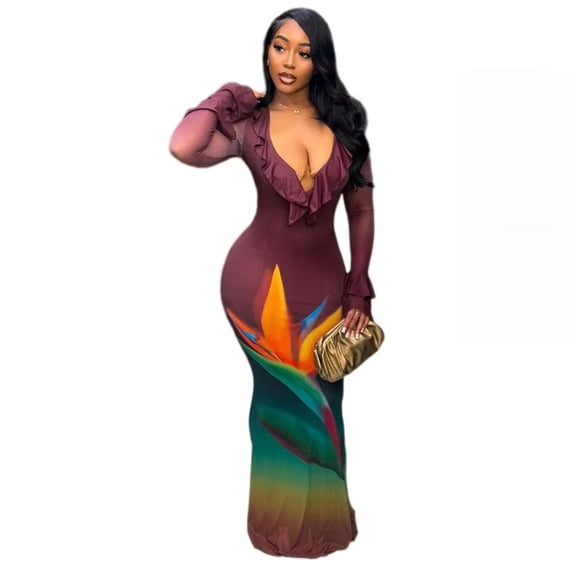 Women's Floral Color Spliced Ruffled Deep V-Neck Long Flare Sleeve Hips Wrapped Long Dress