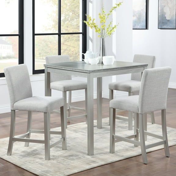 5-Piece Counter Height Set, Wooden Square Table with 4 Upholstered Chairs, Crystal Decoration, Silver Grey