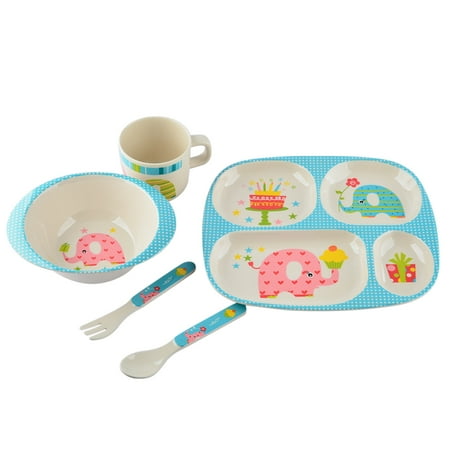 - Baby Kids Dinnerware Set Bamboo Fiber Children Meal Tray Set Lovely Cartoon Dish Soup Bowl Cup Spoon Fork Tableware - Pattern-1
