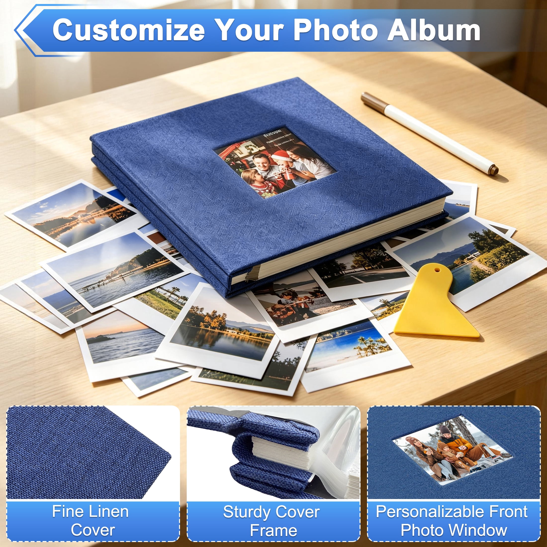Photo Album Self Adhesive for 4x6 5x7 8x10, DIY Picture Scrapbook, 20 Sheets/40 Pages Linen Cover with Display Window, Scrapbook Album for Moms, Families, Weddings, Blue