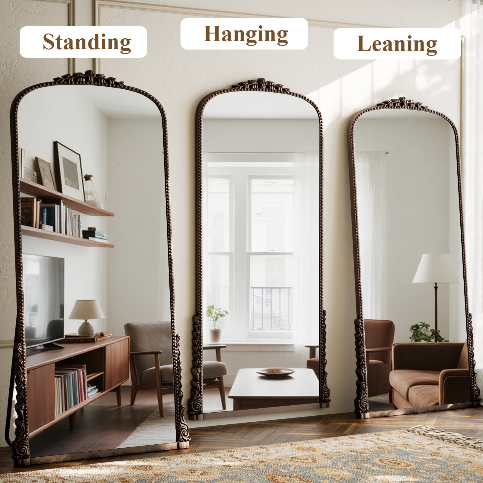 SHATTERVIEW 71"x32" Arched Full Length Mirror Vintage Floor Mirror with Stand Wall-Mounted Mirror, Antique Bronze
