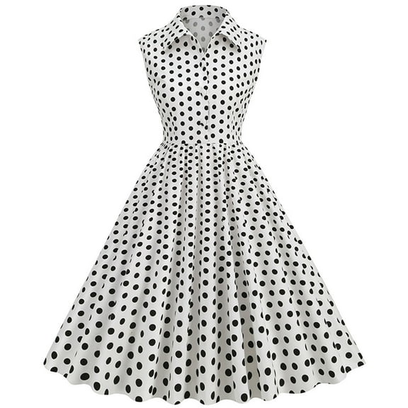 Brglopf Women 50s 60s Vintage Dress Sleeveless Lapel Cocktail A Line Swing Dress 1950s Polka Dot Audrey Rockabilly Prom Party Dresses White S