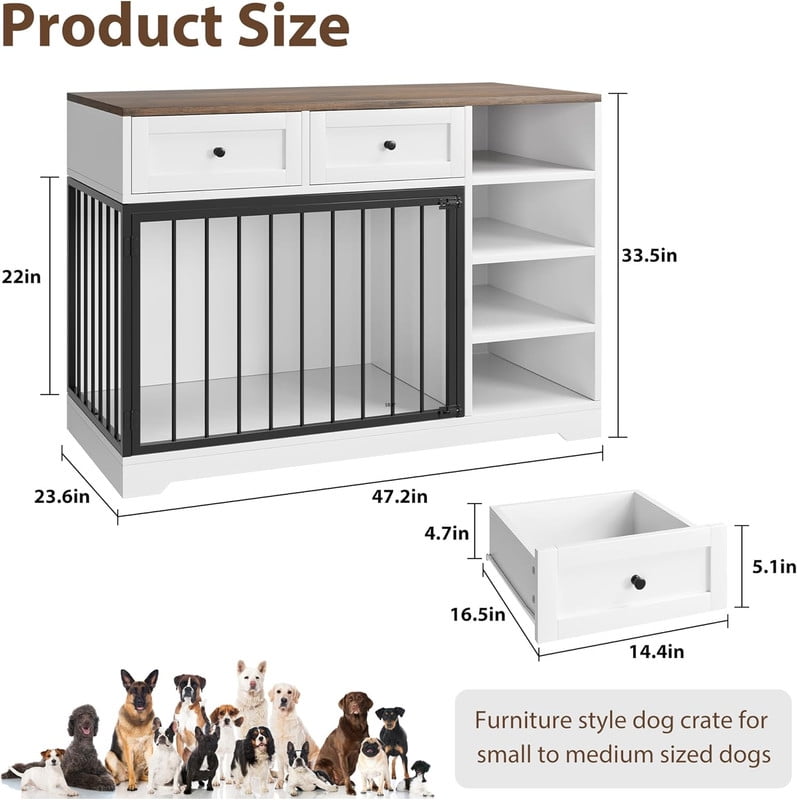 Towallmark 47 Inch Dog Crate Furniture, Large Wooden Dog Kennel TV Stand with Storage Drawers & Shelves, White Decorative Indoor Dog Cage for Medium & Large Dogs