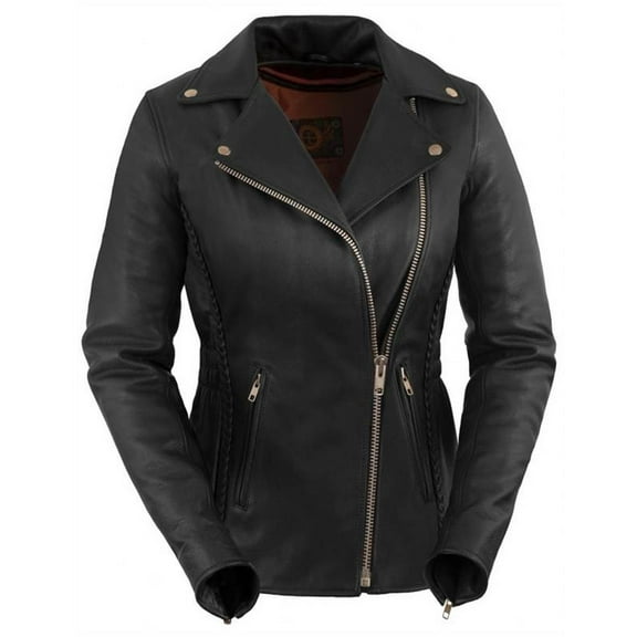 True Element Women's Premium Braided Motorcycle Leather Jacket (Black, Size L)