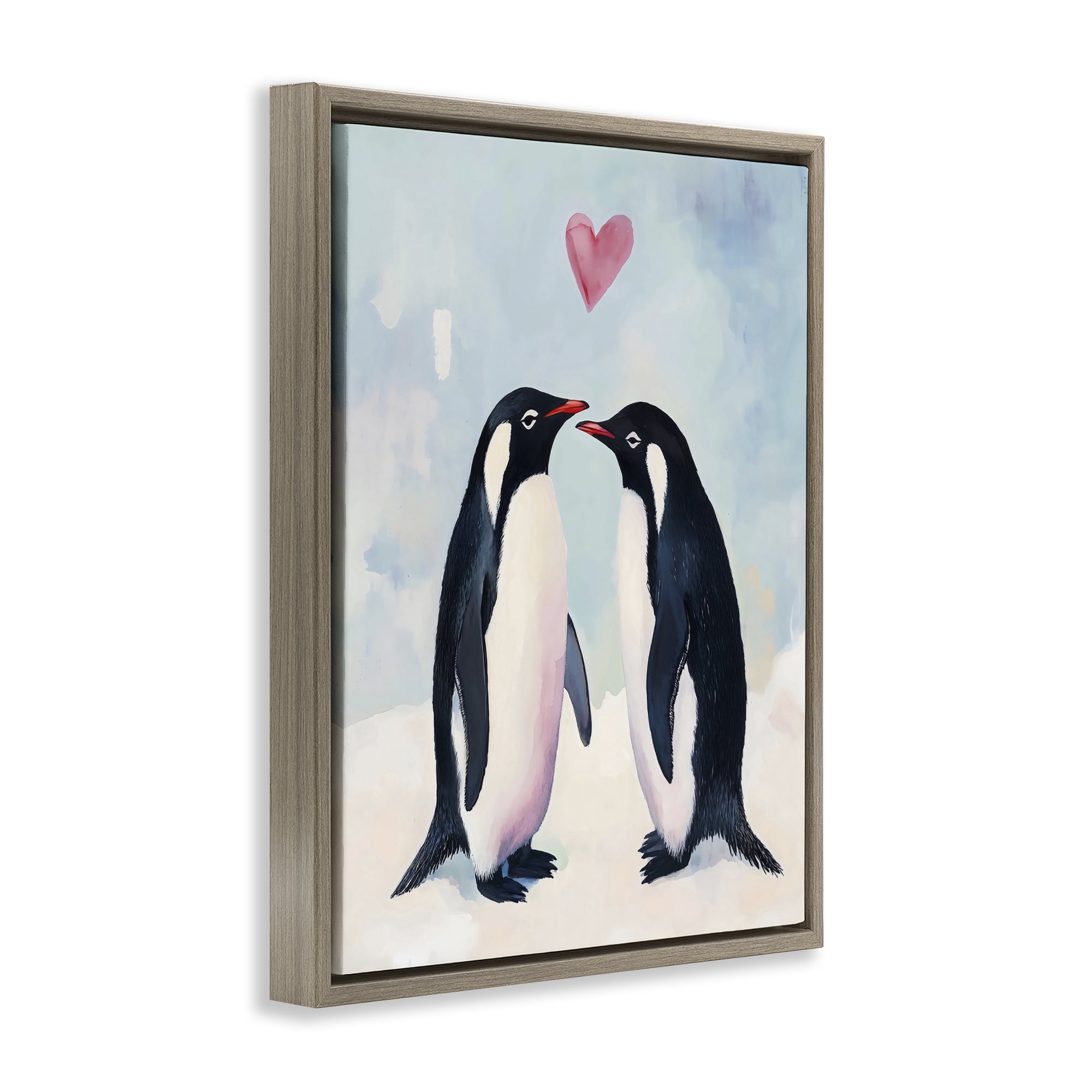 Stupell Industries Penguin Love with Heart Brown Framed Floater Canvas Wall Art, design by The Prints Vibe