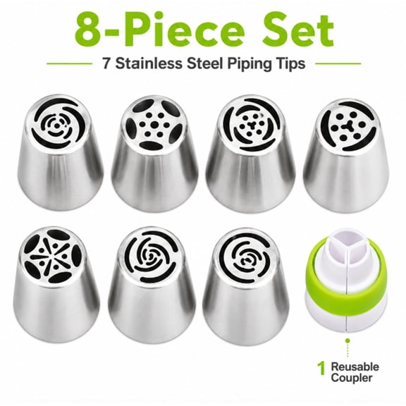7 Piece Large Icing Piping Nozzle Set with Coupler, Cake Decorating Tips for Tulip and Rose Designs, TIKA
