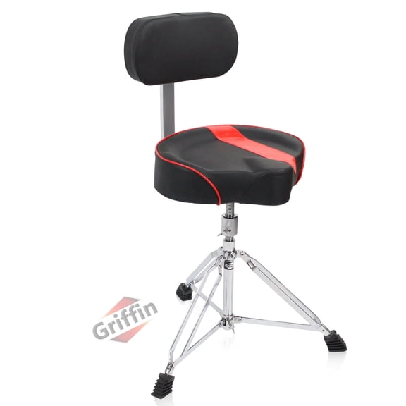 Griffin Drum Throne with Backrest Support Saddle Style Padded Leather Drummer Motorcycle Biker Seat Swivel Adjustable Height Music Drum Chair Musicians Guitar Stool Percussion Tractor Top
