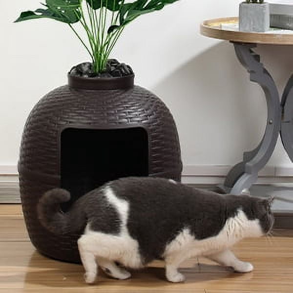 CozyHom Cat Litter Box Furniture with Artificial Plant Hidden, Ventilated Waterproof And Odor Resistant Carbon Filter And 3.3lbs Real Stone Block For Large Cats, Brown