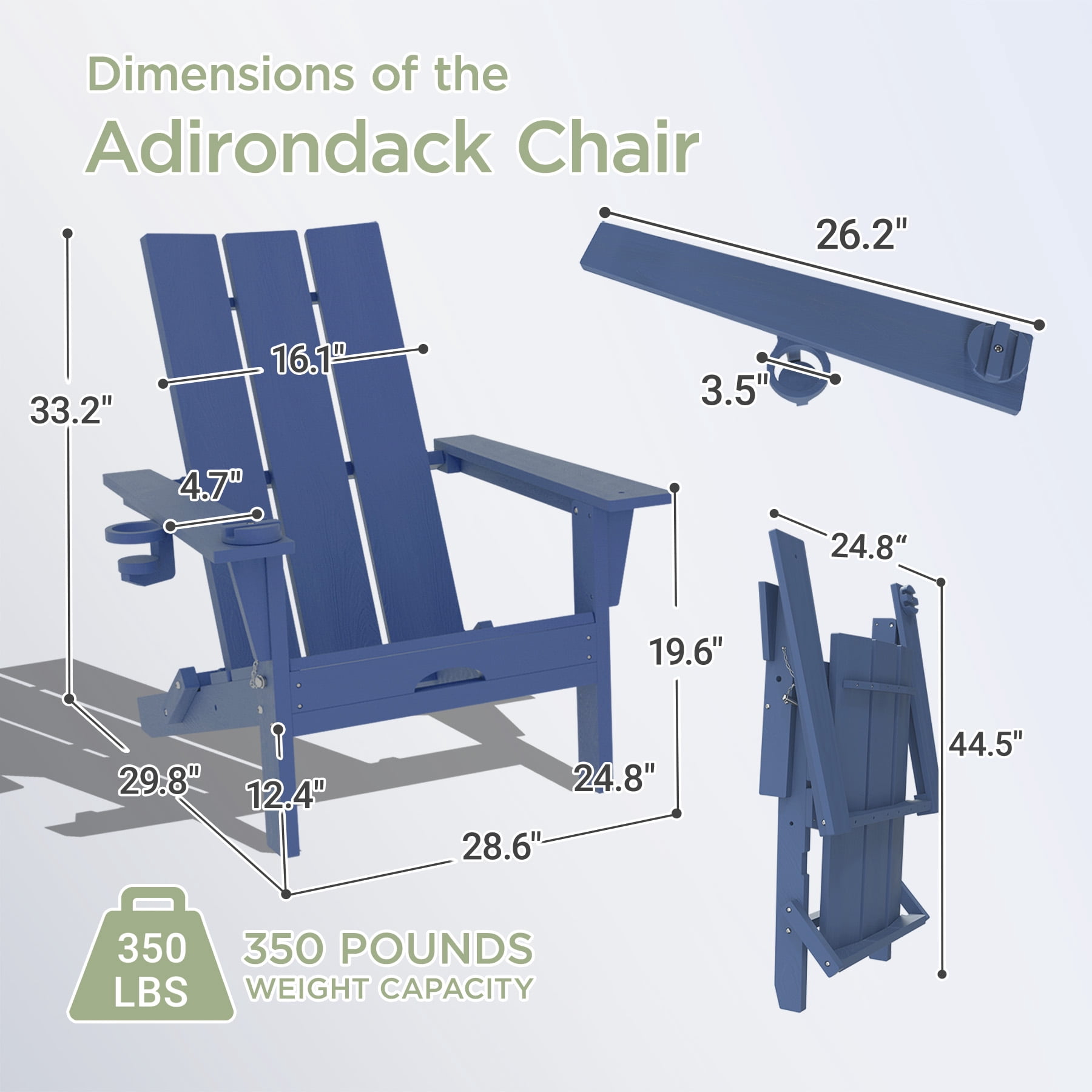 Tappio Folding Adirondack Chair Set of 2, All Weather HDPE Outdoor Patio Chairs with Detachable Multifunctional Holders and Cup Holders, Fire Pit Chairs for Yard Garden Poolside, Blue