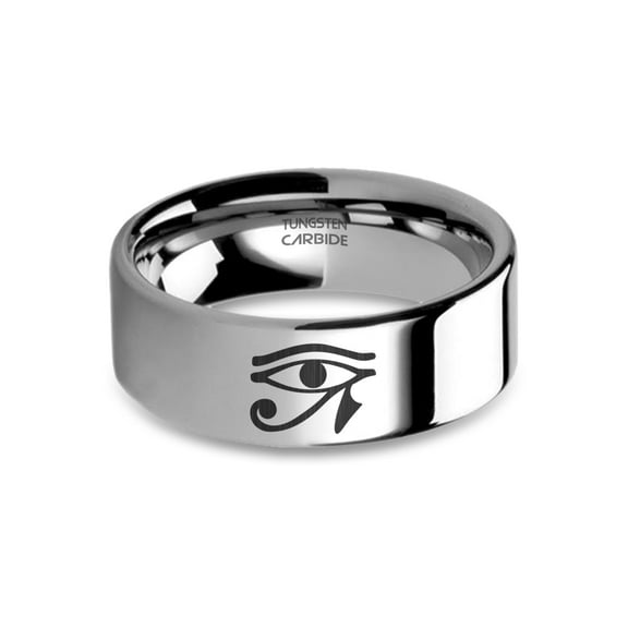 Eye of Horus Wadjet Symbol Engraved Silver Tungsten Carbide Ring, 8mm, Size 15