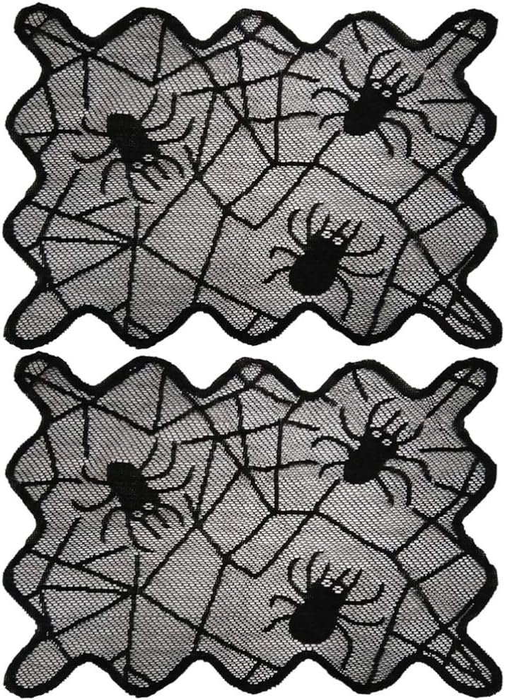 2pcs Halloween Placemats Spider Web Table Mat Black Lace Placemat Desk Pad for Party Kitchen Dining Table Decoration