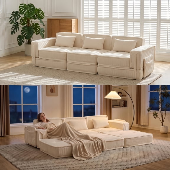 Modular Corduroy Sectional Sofa, Convertible Couch with Chaise Lounge, Beige