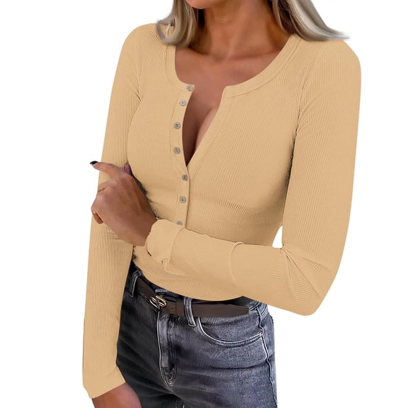 Lenpel Long Sleeve Shirts for Women Trendy Scoop Neck Half Button Ribbed Knit Slim T-Shirts Basic Casual Tees Going out Tops(Yellow,X-Large)