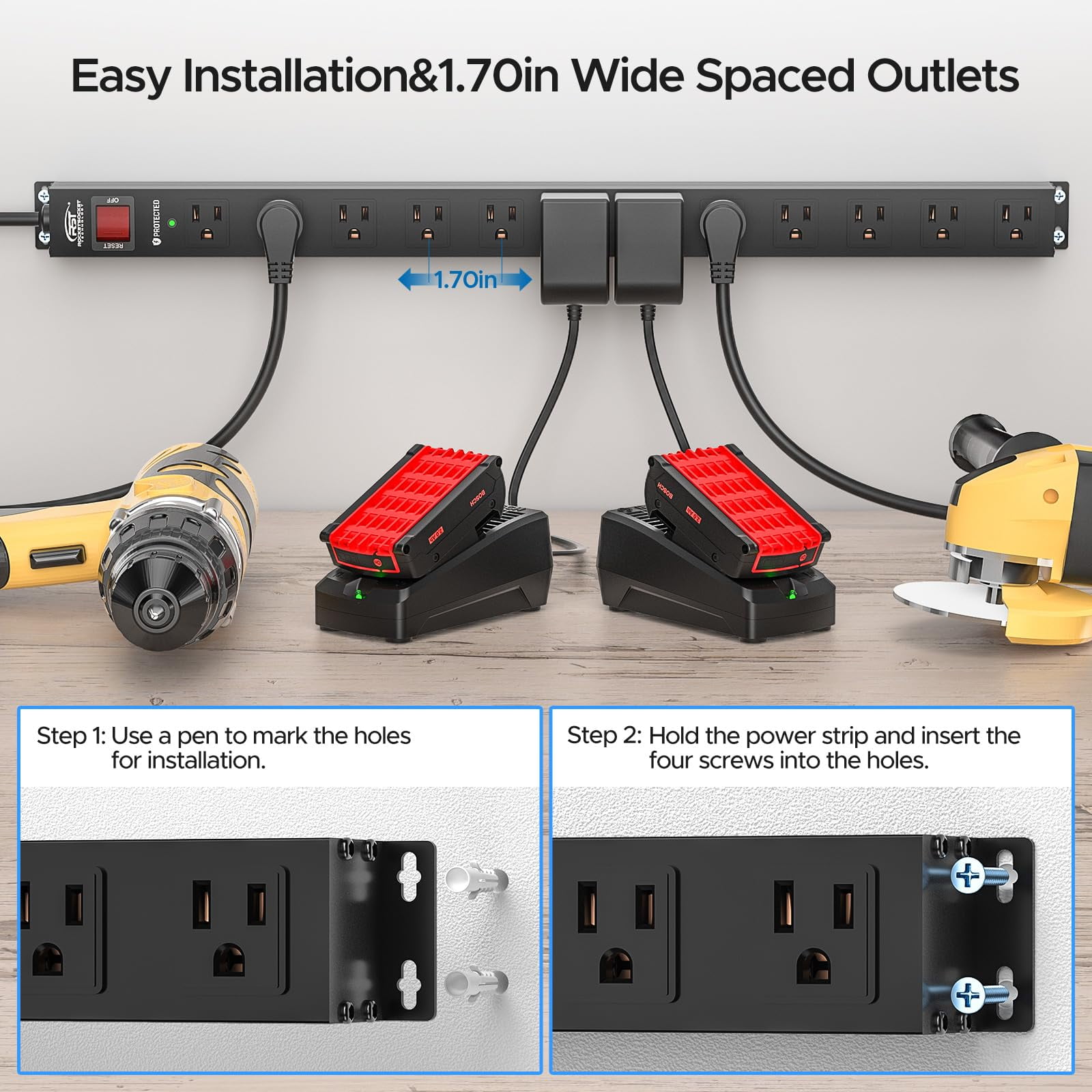 CRST 12-Outlet Slim Wall Mount Long Power Strip Surge Protector with Flat Plug Heavy Duty Mountable Power Bar 6ft 14AWG Extension Cord for Industrial, Garage, Shop and Home