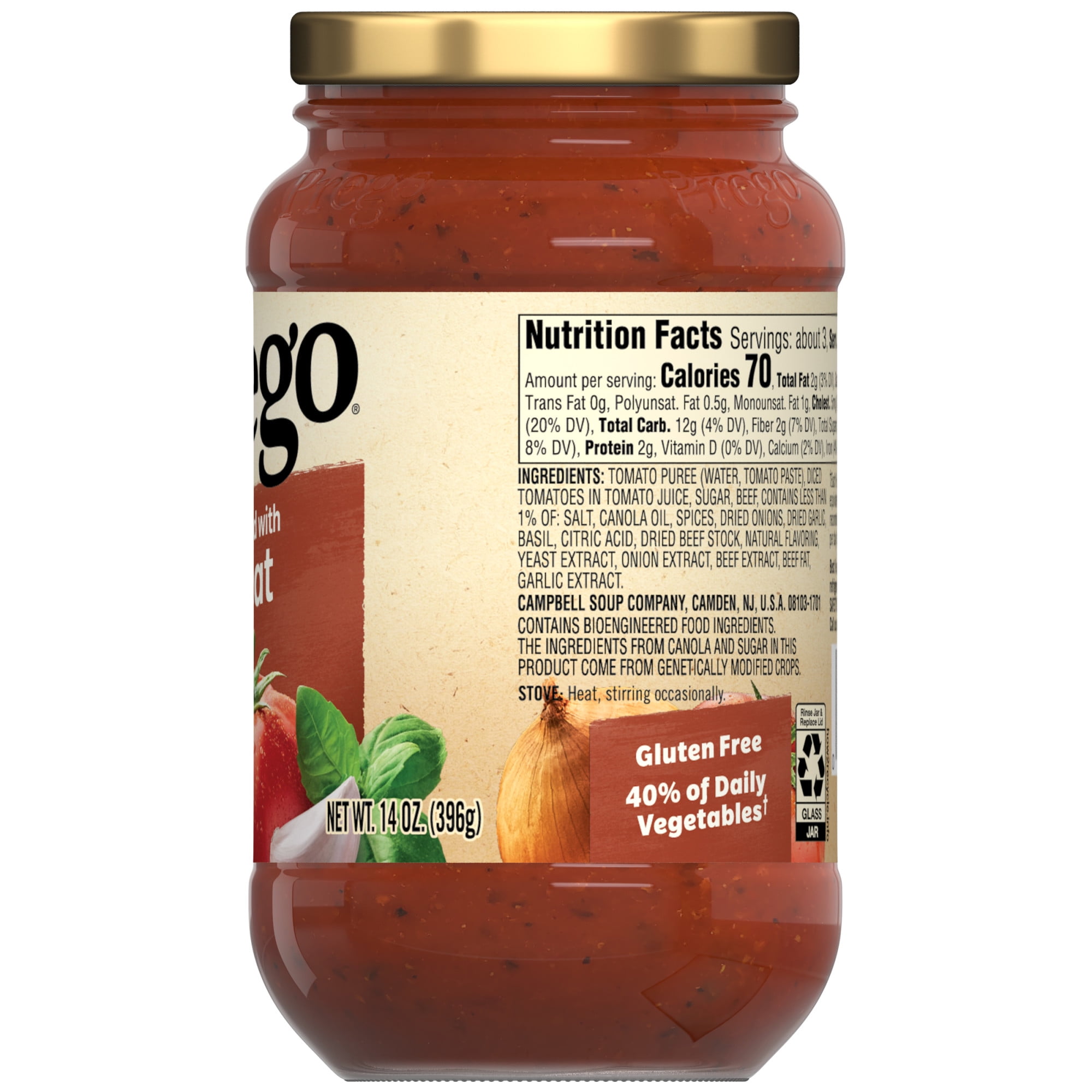 Prego Italian Tomato Spaghetti Sauce flavored with Meat, 14 oz Jar