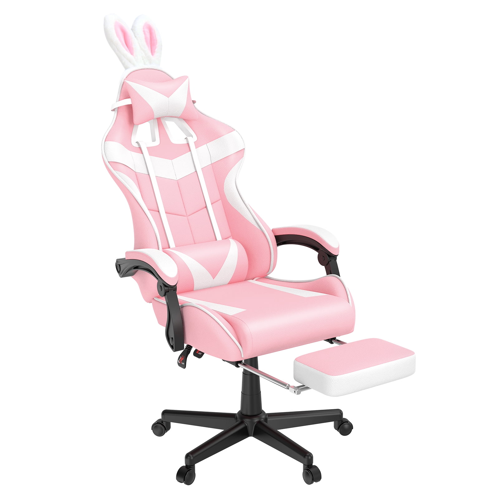 SOONTRANS Pink Gaming Chair, Adult Game Gamer with Footrest & Massage Lumbar Pillow , Ergonomic High Back Office Chairs with Bunny Ear, Pink
