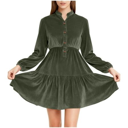 FAVIPT Elegant Velvet Dresses for Women V Neck Long Sleeve Pleated Dresses Button A-Line Flowy Cocktail Party Outfits Army Green XL