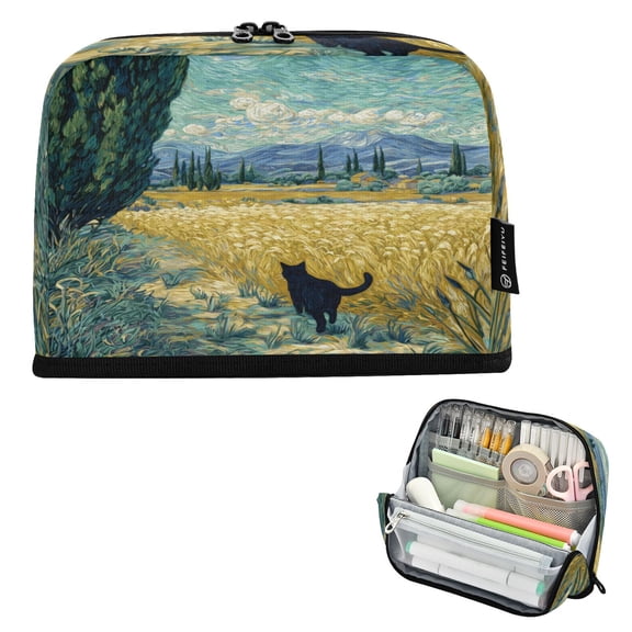 Standing Pencil Case with Base Large Capacity Stationery Pouch Pen Bag with Zipper for Women Men Black Cat Walking Fields