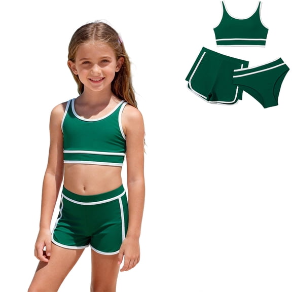 Girl's 3 Piece Bikini Swimwear with Shorts Sporty Dark Green Summer Cute Girl Swimwear 11-12 Years