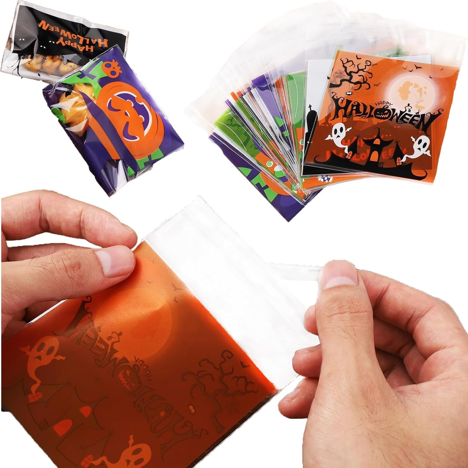 200 Sacs En Plastique Transparents Pour Halloween - 4 Motifs Différents, 10x10 Cm, à Fermeture Autocollante