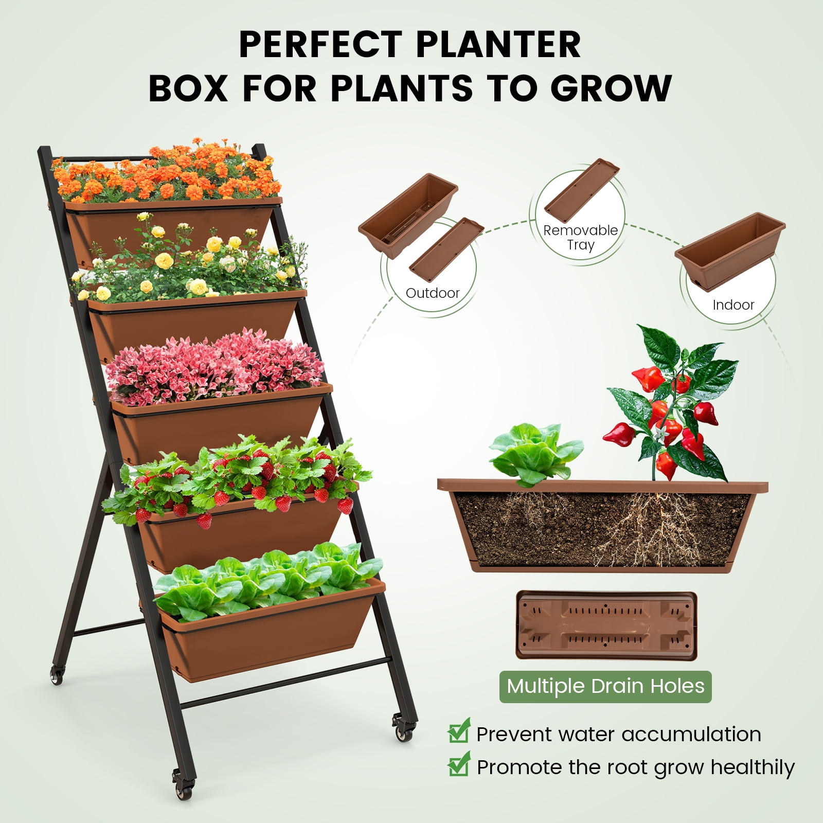 Patiojoy 5-Layer Vertical Raised Garden Bed with Wheels Drainage Holes Freestanding Planter with Container Boxes Brown
